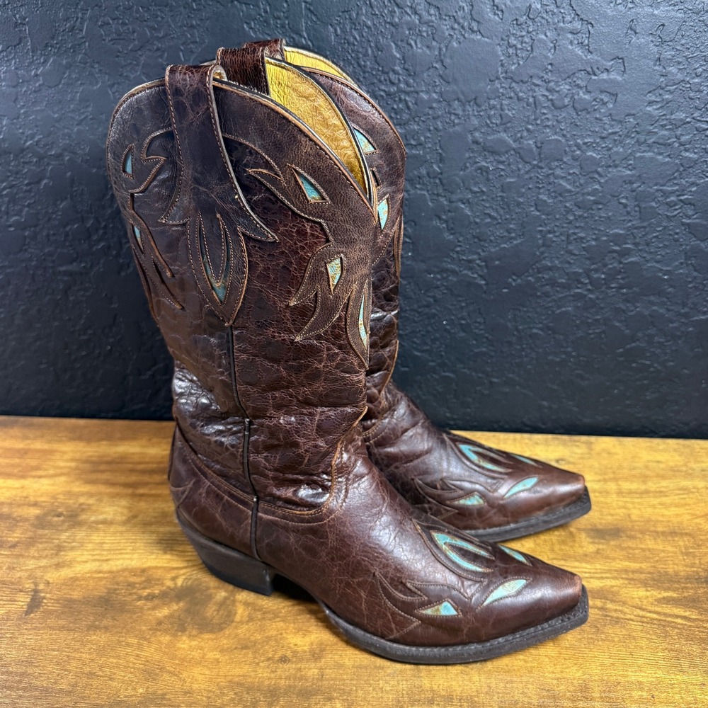 Cavender's Snip Toe 422808 Brown Leather Inlay Western Boots Womens 7.5 B